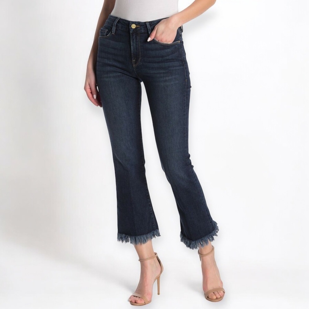 Frame Le High Straight Jeans Dark Wash Blue Denim Skinny Frayed Hem Size 25